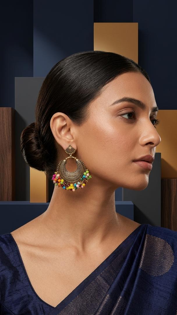 Multicolor Beaded Oxidized Chandbali Earrings
