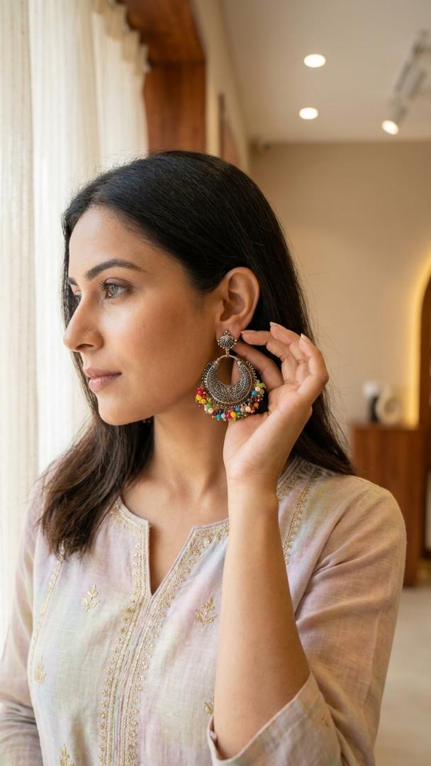 Multicolor Beaded Oxidized Chandbali Earrings