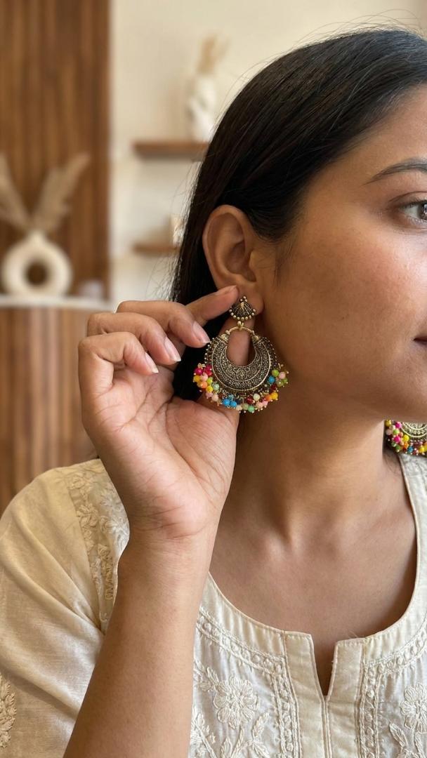 Multicolor Beaded Oxidized Chandbali Earrings