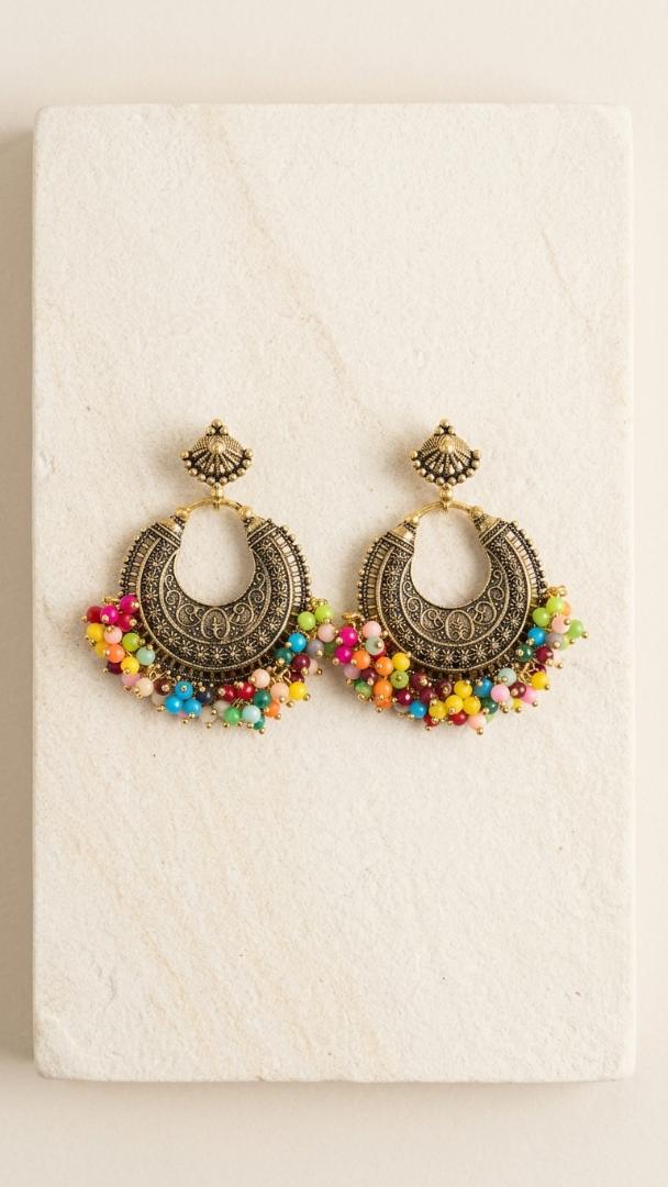 Multicolor Beaded Oxidized Chandbali Earrings