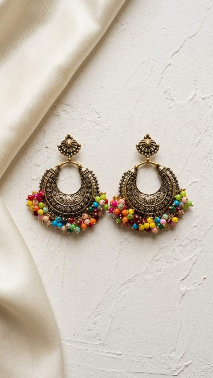 Multicolor Beaded Oxidized Chandbali Earrings